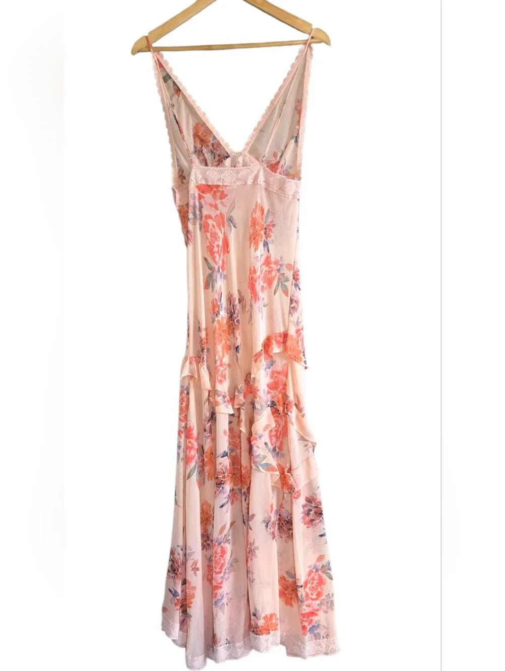 Free People Stay Awhile Sheer Maxi Dress Tiered Ruffle Peach Combo Size Large
